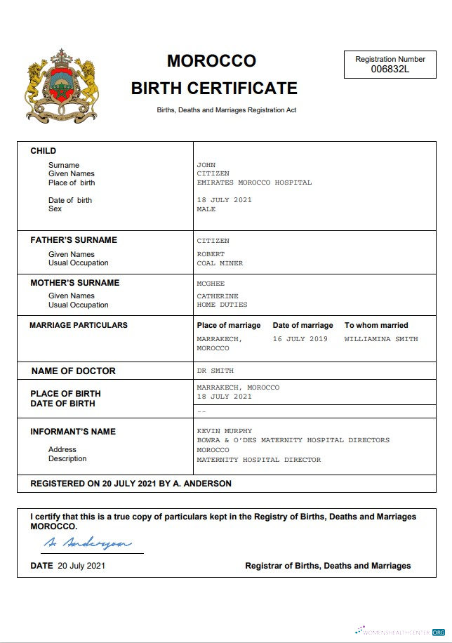 Download Morocco vital record birth certificate Word and PDF template Photoshop template